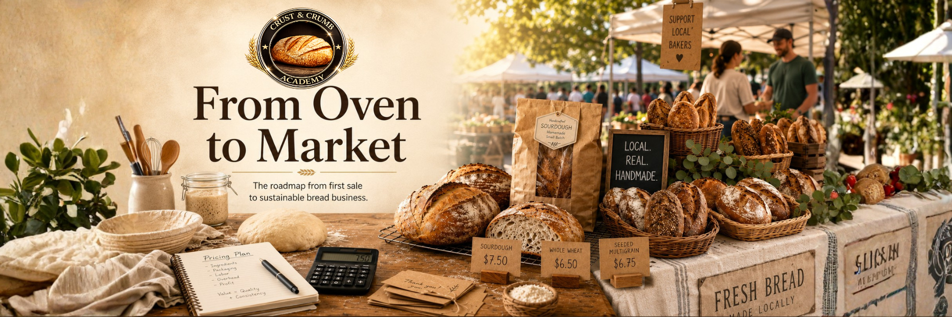 Farmers market bread stall with sourdough loaves, price cards, and Support Local Bakers sign