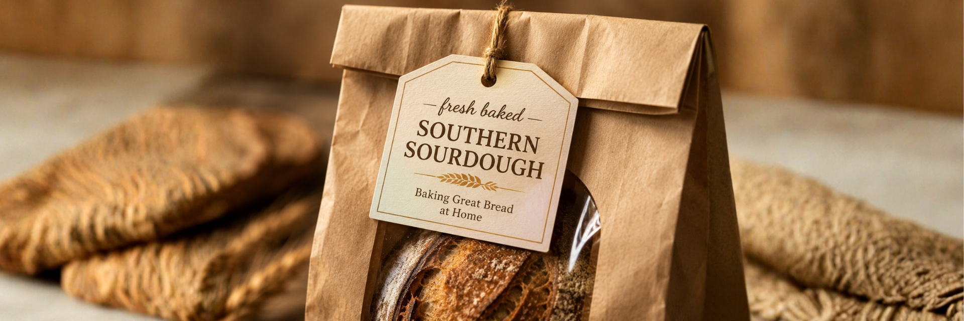 Fresh baked Southern Sourdough loaf in a kraft bag with a hand-lettered tag