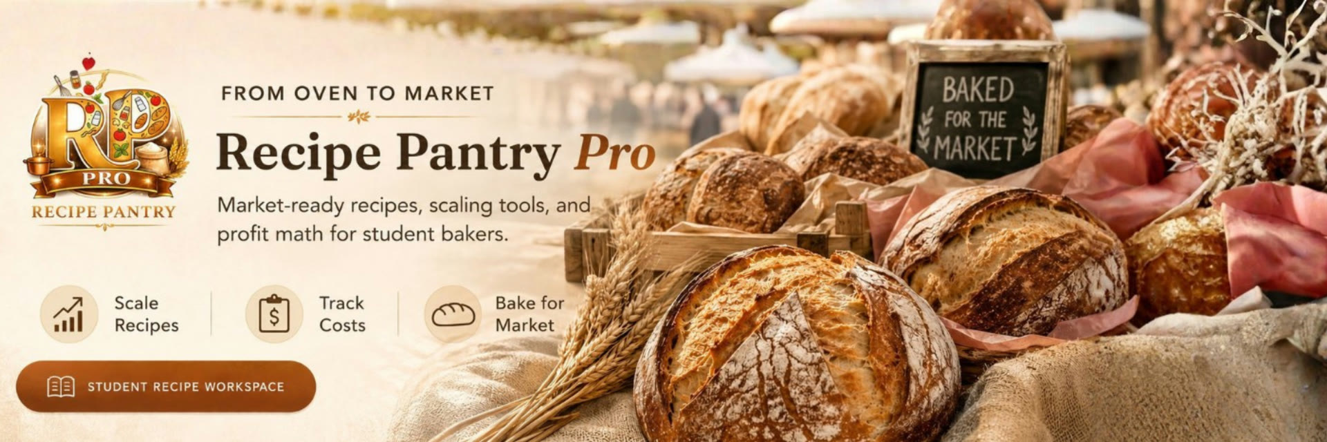 Recipe Pantry Pro, from From Oven to Market: market-ready bread recipes with scaling tools and profit math, shown beside fresh-baked loaves at a market stall.